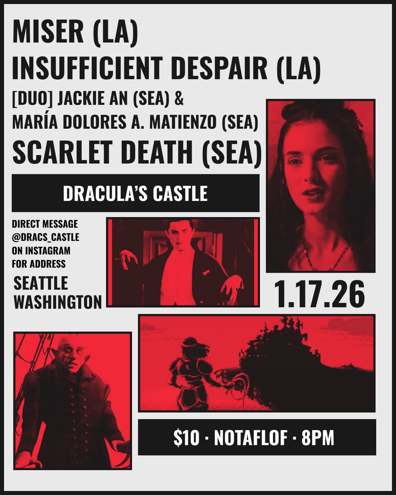 white black and red flyer for the show, with images of various vampires. text repeats that above