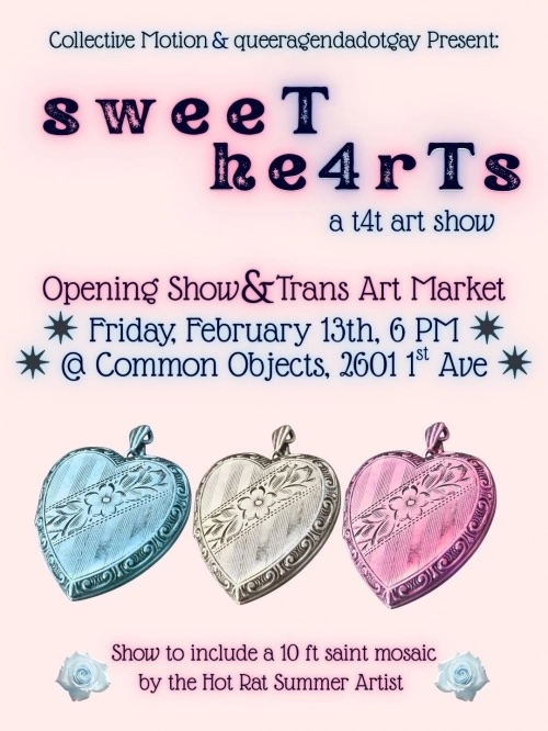 a pink blue and black flyer with three lockets and tw flowers on it
